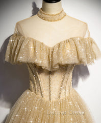 Gold Tulle Lace Long Prom Dresses Gold Sweet 16 Dresses