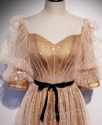 Gold Tulle Long Prom Dresses, A line Gold Formal Graduation Party Dresses