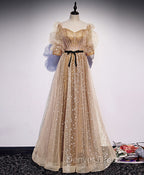 Gold Tulle Long Prom Dresses, A line Gold Formal Graduation Party Dresses