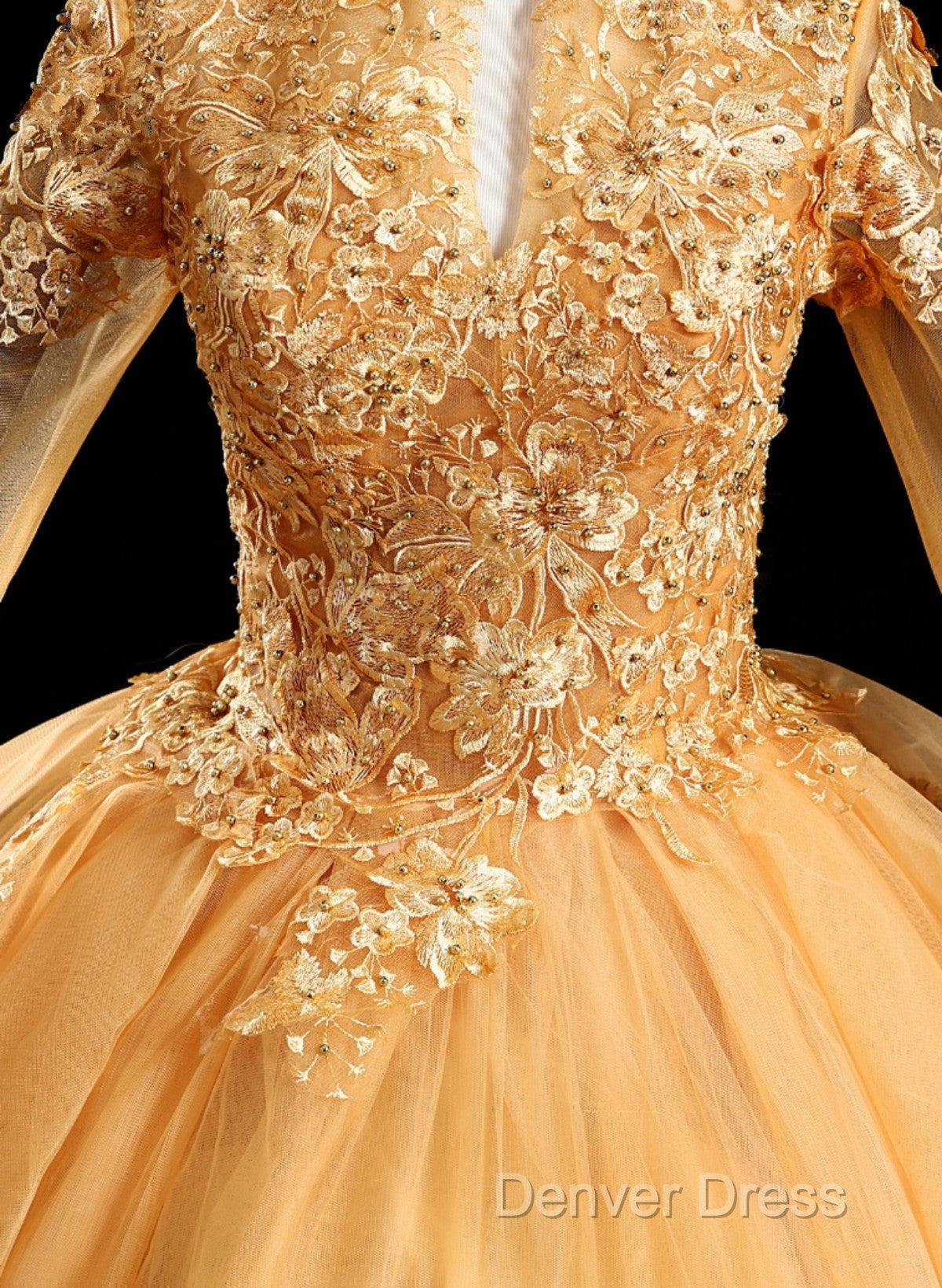 Gold Tulle Long Sleeves Lace Applique Prom Dress, Ball Gowns Sweet 16 Dresses Secondary image