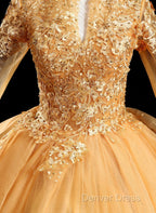 Gold Tulle Long Sleeves Lace Applique Prom Dress, Ball Gowns Sweet 16 Dresses