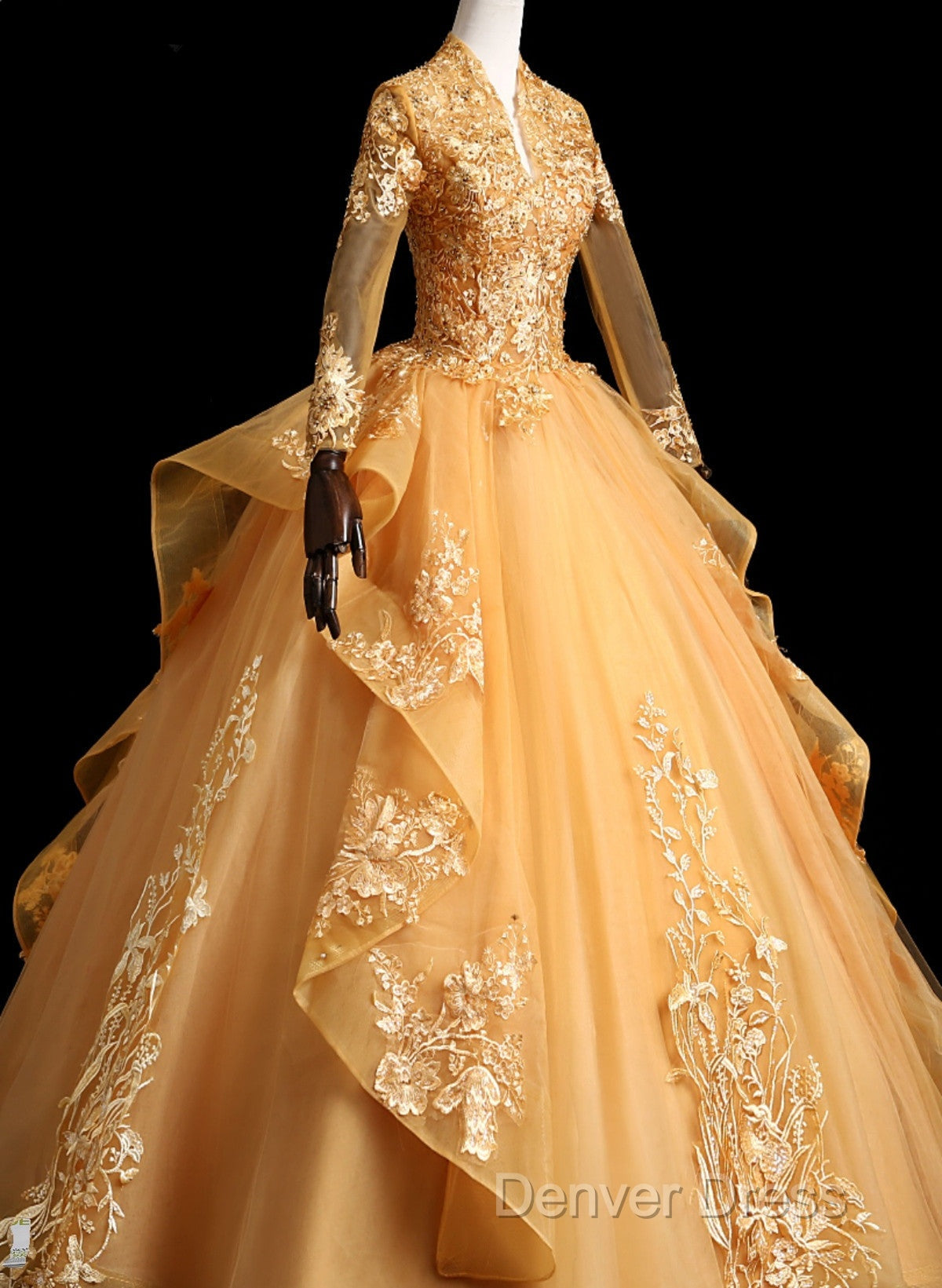 Gold Tulle Long Sleeves Lace Applique Prom Dress, Ball Gowns Sweet 16 Dresses