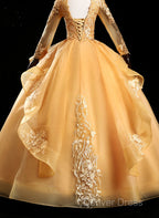 Gold Tulle Long Sleeves Lace Applique Prom Dress, Ball Gowns Sweet 16 Dresses