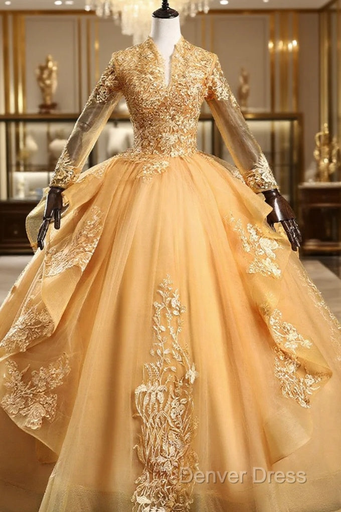 Gold Tulle Long Sleeves Lace Applique Prom Dress, Ball Gowns Sweet 16 Dresses