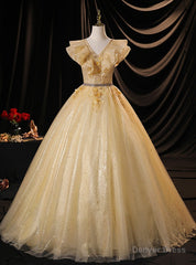 Gold Tulle Sequins Appliques V-neck Quinceanera Dress