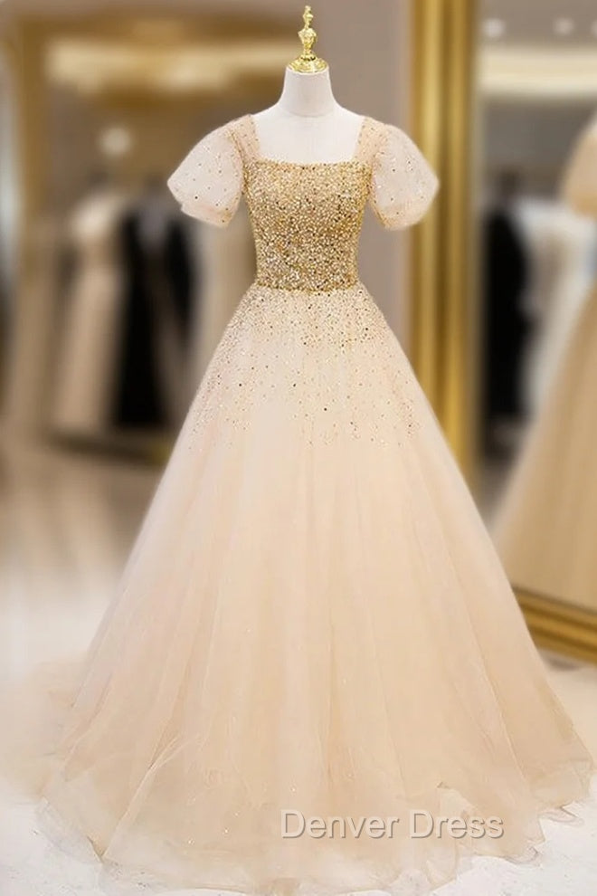 Gold Tulle Sequins Beading Puff Sleeve Prom Dresses Main image