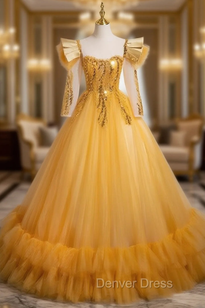 Gold Tulle Sequins Long Sleeve Backless Quinceanera Dresses
