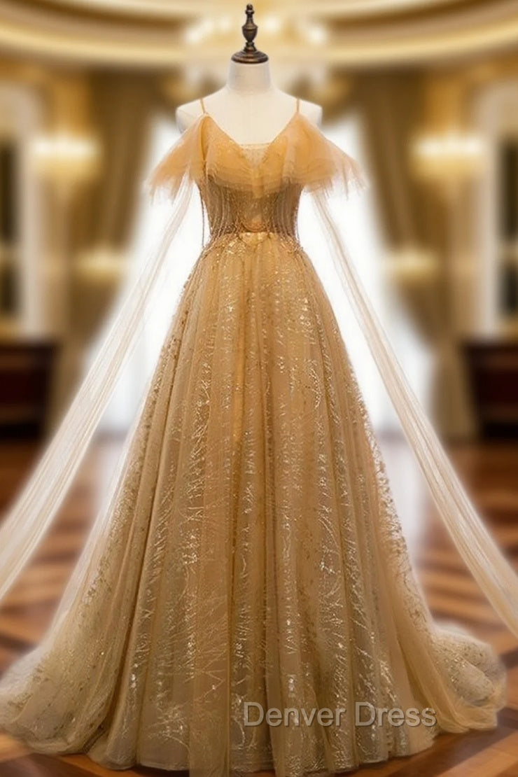 Gold Tulle Sequins Spaghetti Straps Backless Beading Prom Dresses Main image