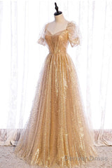 Gold Tulle V Neck Long Prom Dress Gold Tulle Formal Dress