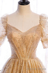 Gold Tulle V Neck Long Prom Dress Gold Tulle Formal Dress