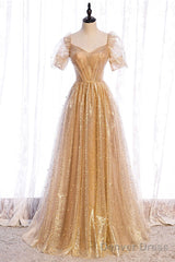 Gold Tulle V Neck Long Prom Dress Gold Tulle Formal Dress