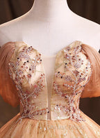 Gold Tulle with Beaded Long Sweet 16 Dress, Ball Gowns Prom Dress