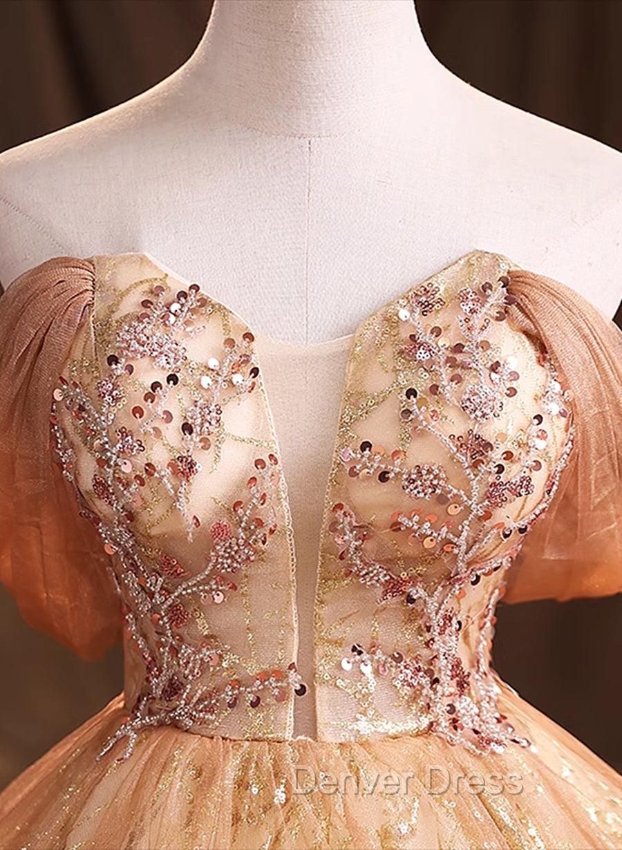 Gold Tulle with Beaded Long Sweet 16 Dresses, Ball Gown Formal Dresses Party Dresses