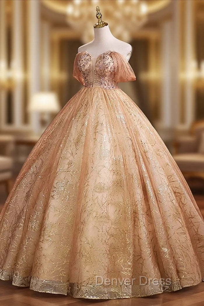 Gold Tulle with Beaded Long Sweet 16 Dress, Ball Gowns Prom Dress Main image