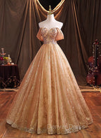 Gold Tulle with Beaded Long Sweet 16 Dress, Ball Gowns Prom Dress