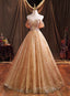 Gold Tulle with Beaded Long Sweet 16 Dress, Ball Gowns Prom Dress