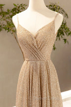 Gold V-Neck Sequins Long Prom Dresses, Shiny A-Line Evening Formal Dresses