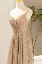 Gold V-Neck Sequins Long Prom Dresses, Shiny A-Line Evening Formal Dresses