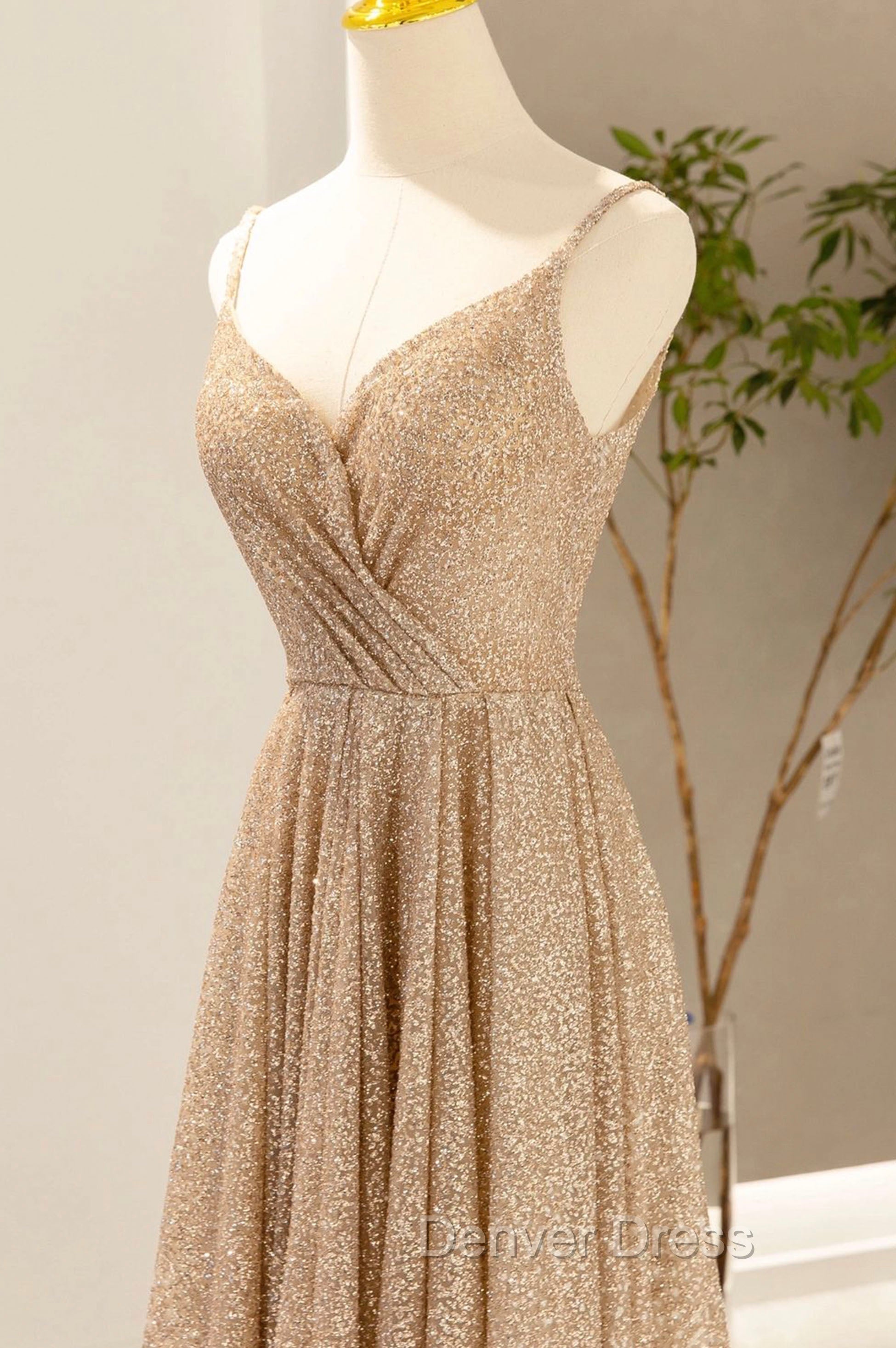 Gold V-Neck Sequins Long Prom Dresses, Shiny A-Line Evening Formal Dresses