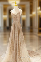 Gold V Neck Sequins Long Prom Dress, Shiny A Line Prom Dresses