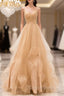 Gold V Neck Tulle Long Prom Dress, A Line Prom Dresses