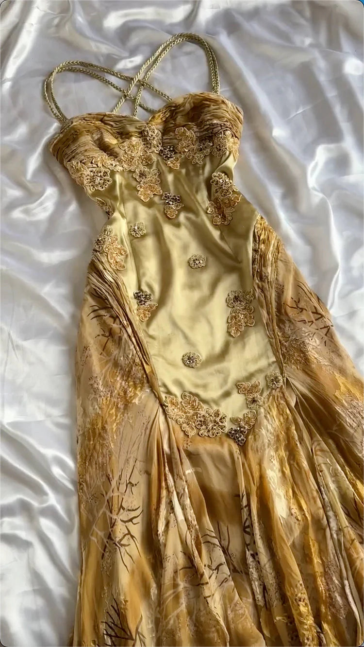 Gold Vintage Floral Satin Applique Spaghetti Straps Chiffon Prom Dress Secondary image