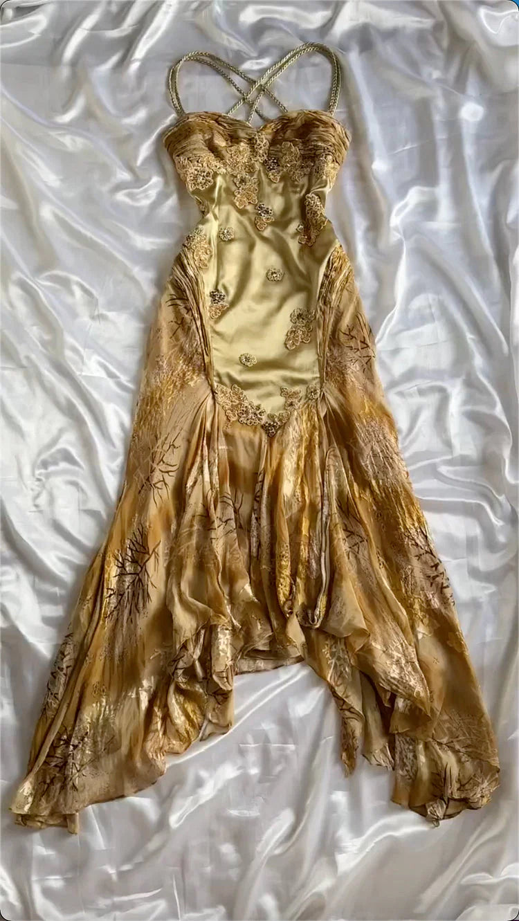 Gold Vintage Floral Satin Applique Spaghetti Straps Chiffon Prom Dress Main image