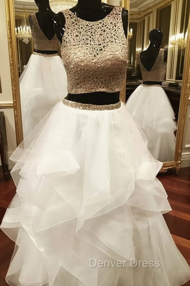 Gold White Ball Gowns Two Piece Tulle Backless Prom Dresses Main image