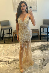 golden beaded backless long prom dress