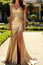 Golden Mermaid Spaghetti Straps Corset Pleated Long Prom Dress with Slit