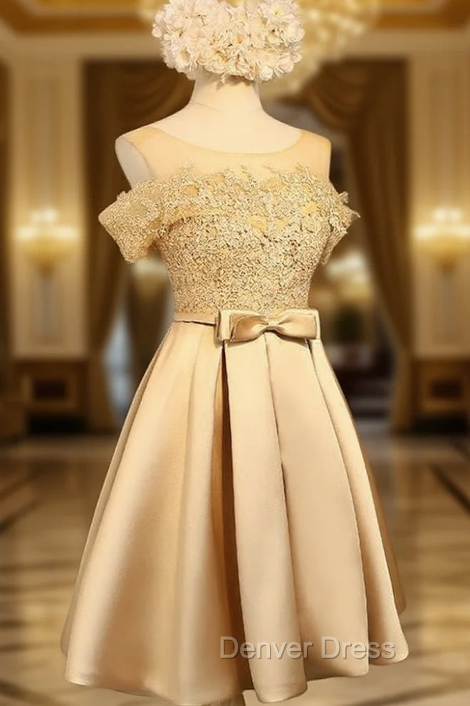 Golden Satin Lace Off Shoulder Short Homecoming Dresses, Knee Length Party Dresses Main image