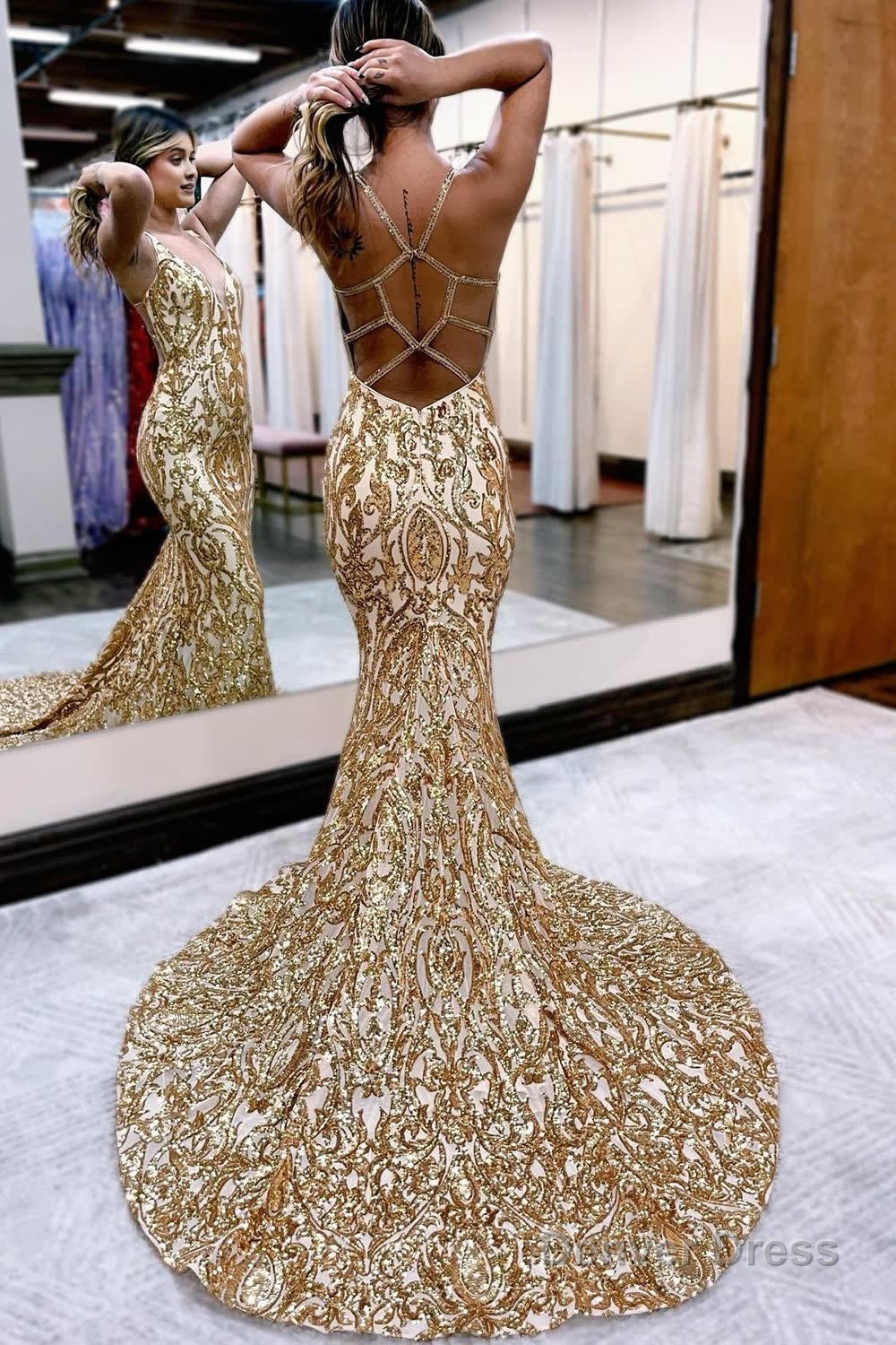 Golden Sequin Sparkly Mermaid Prom Dresses Secondary image