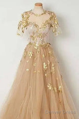 Golden Short Sleeves A-Line Tulle Prom Dress,