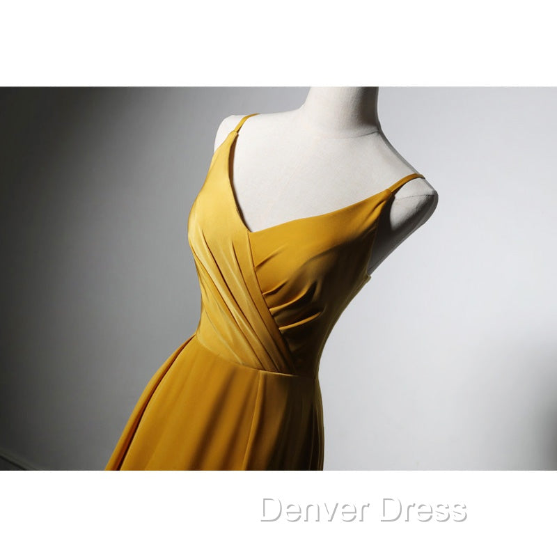 Goleden V Neckline Straps Long Prom Dress with Leg Slit, Long Gold Prom Dress Secondary image