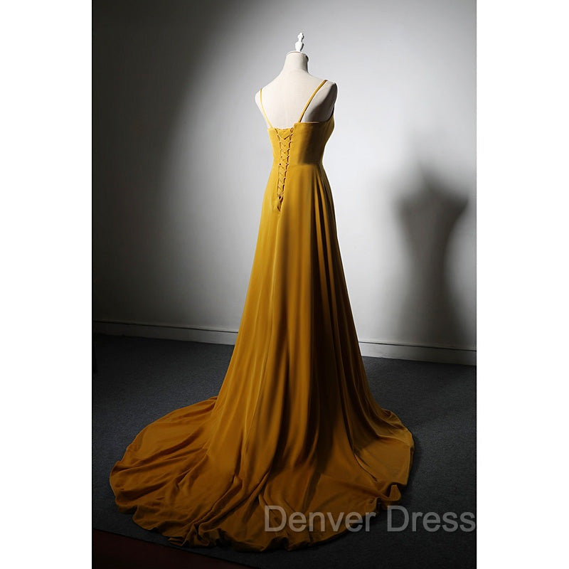 Goleden V-neckline Straps Long Party Dresses with Leg Slit, Long Gold Evening Dresses Prom Dresses