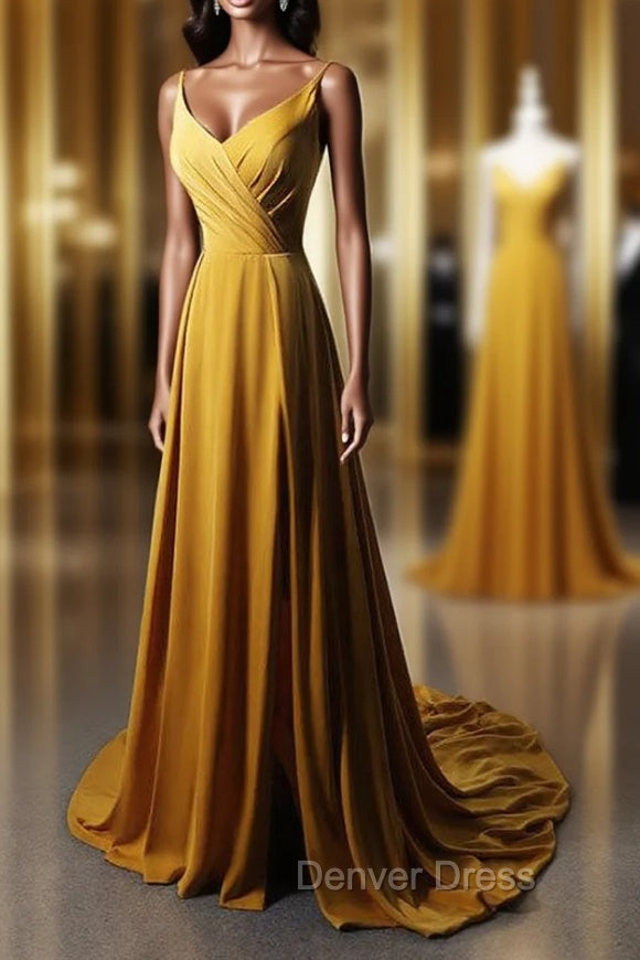 Goleden V-neckline Straps Long Party Dresses with Leg Slit, Long Gold Evening Dresses Prom Dresses