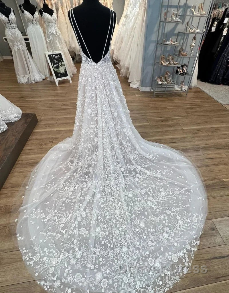 Gorgeous A-Line Deep V-Neck Open Back Chapel Train Wedding Dresses