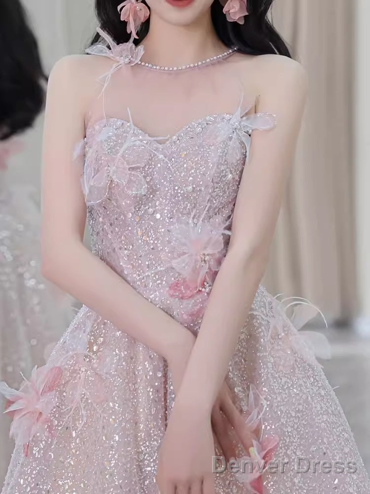 Gorgeous A Line High Neckline Sequin Pink Prom Dress