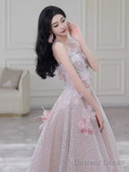 Gorgeous A Line High Neckline Sequin Pink Prom Dress
