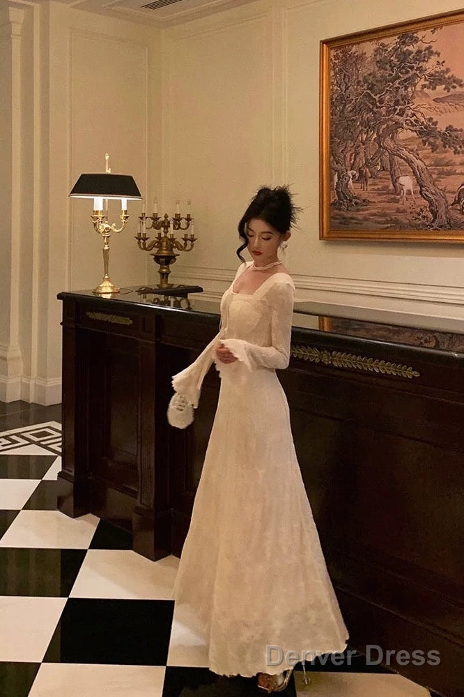 Gorgeous A Line Long Sleeves White Lace Date Night Dress Prom Dresses Birthday Outfits