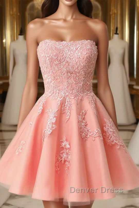 Gorgeous Pink A Line Short Mini Tulle Homecoming Dresses With Appliques