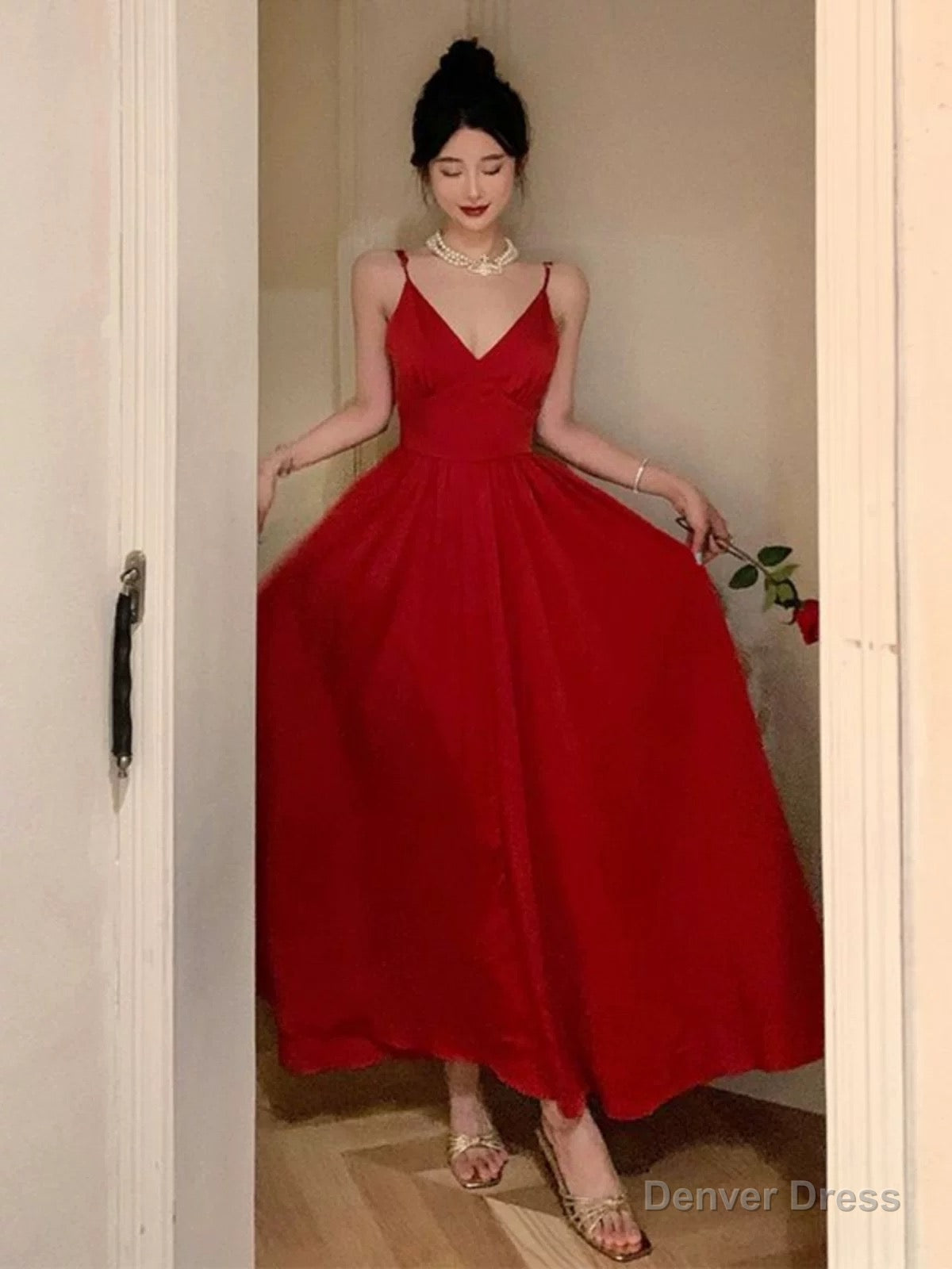 Gorgeous A Line Spaghetti Straps Red Ankle Length Prom Dress Birthday Outfits