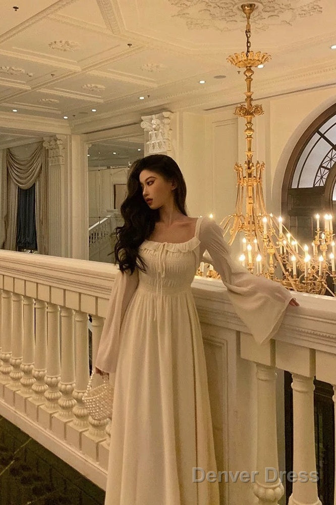 Gorgeous A Line Square Neckline Long Sleeves Ivory Date Night Dress Prom Dresses Birthday Outfit