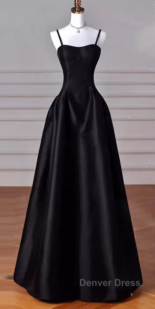 Gorgeous A Line Straps Satin Black Prom Dresses