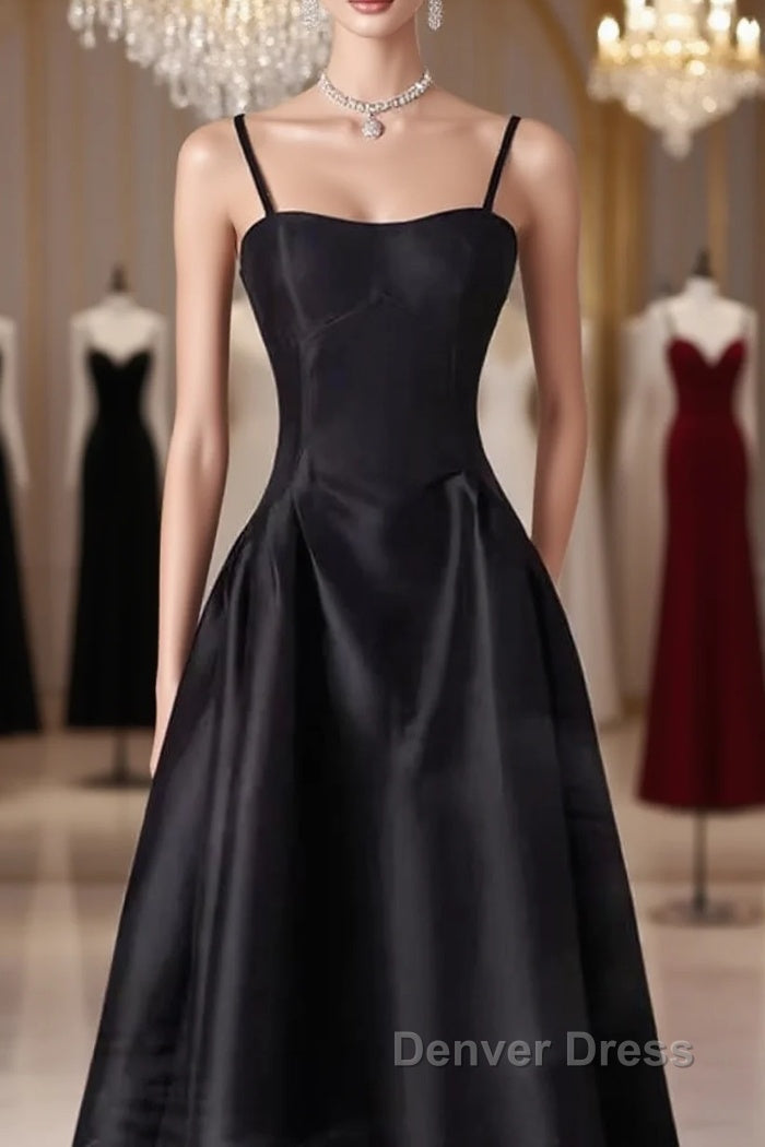 Gorgeous A Line Straps Satin Black Prom Dresses