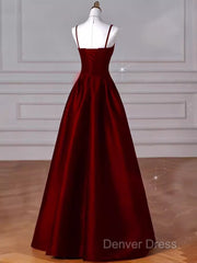 Gorgeous A Line Straps Satin Burgundy Prom Dresses