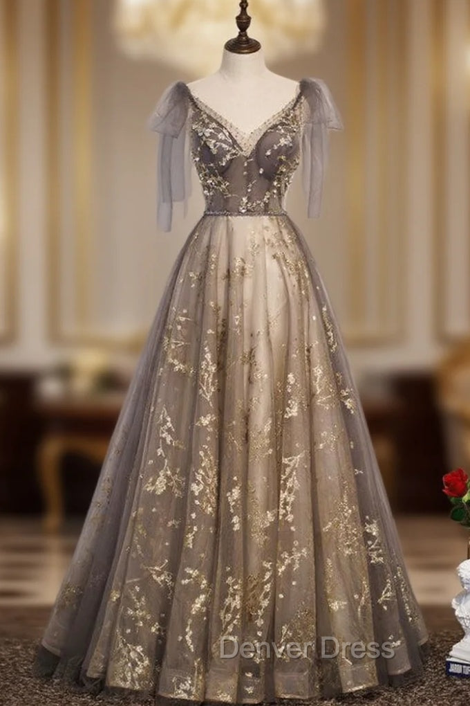 Gorgeous A-line V-neckline Long Party Dresses Prom Dresses, Lace Evening Dresses