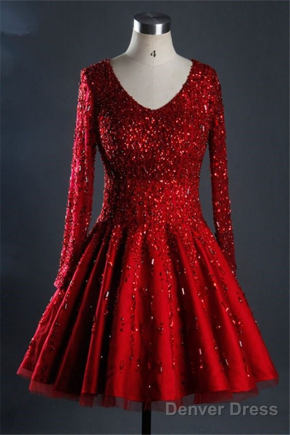Gorgeous Ball Gowns Short Red Satin Tulle Beaded Dress With Sleeves Homecoming Dresses