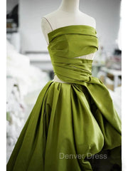 Gorgeous Balll Gown Strapless Green Satin Ruffles Long Evening Dresses Prom Dresses