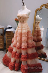 Gorgeous Balll Gown Strapless Tulle Pink Ruffles Long Evening Dresses Prom Dresses